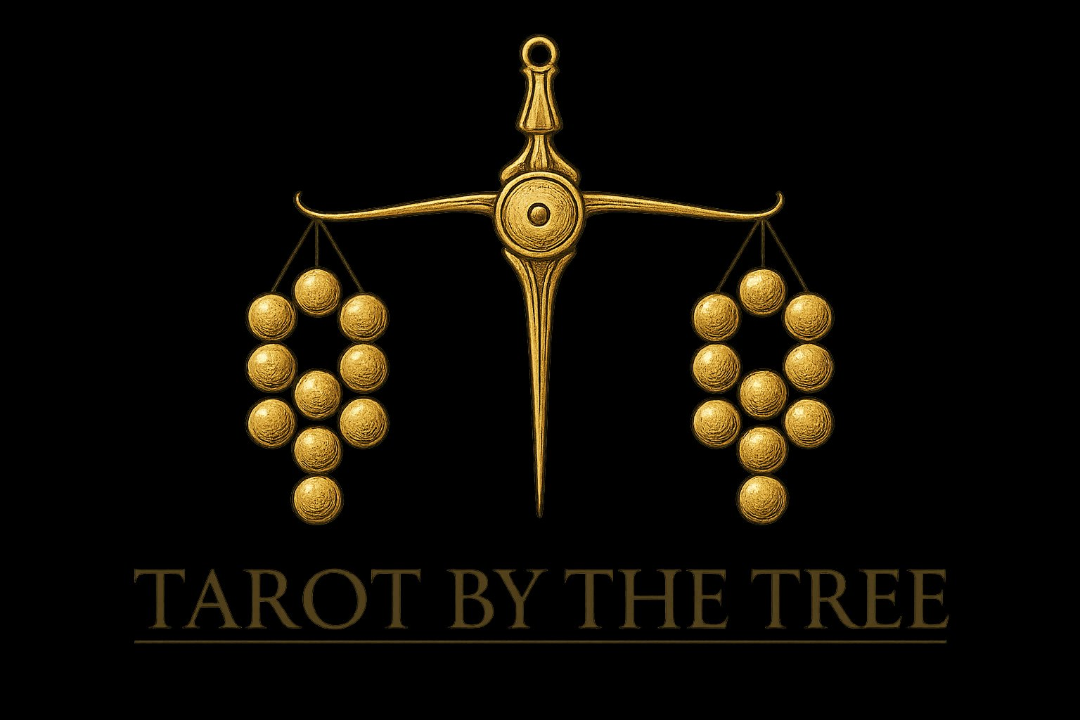 Tarot By The Tree gold emblem showing the two trees balanced on the Fulcrum